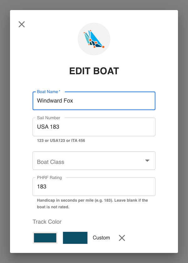 The PHRF Rating field in the Edit Boat dialog