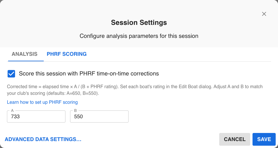PHRF Scoring enabled with A and B constants